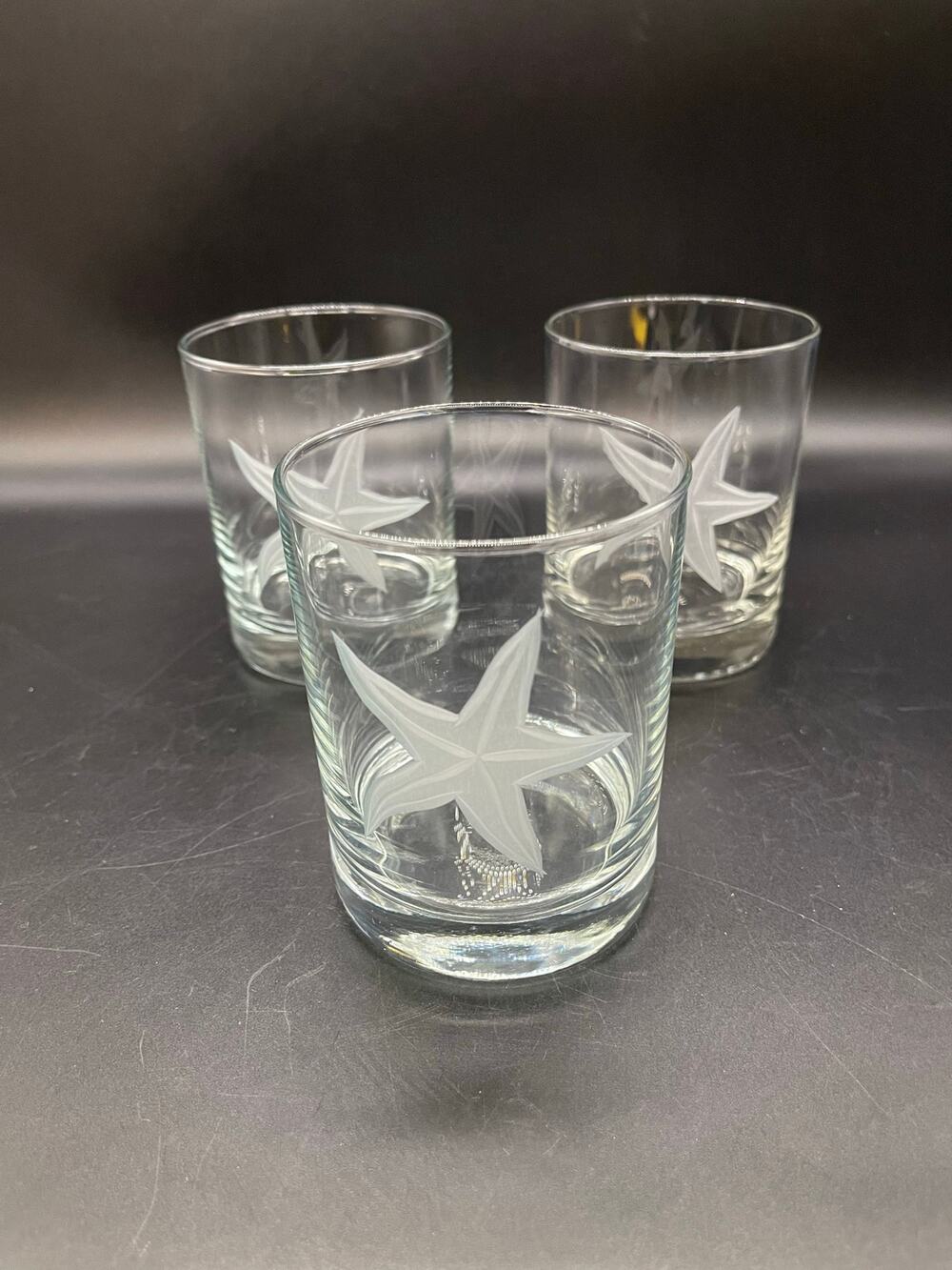 Rolf Starfish Nautical Clear Etched Set of 3 Old Fashion Rocks Tumblers